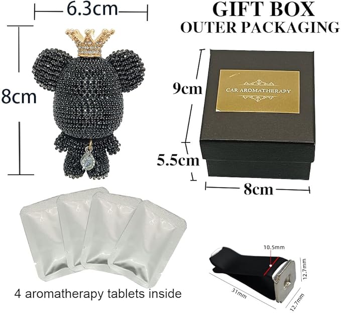 Handmade Bling Rhinestone Bear Car Air Freshener Cute Ornaments Car Vent Clips Accessories Perfume Clip Aromatherapy Diffuser Fragrance Cotton Pad Car Interior Decoratio Women Girl (Black)