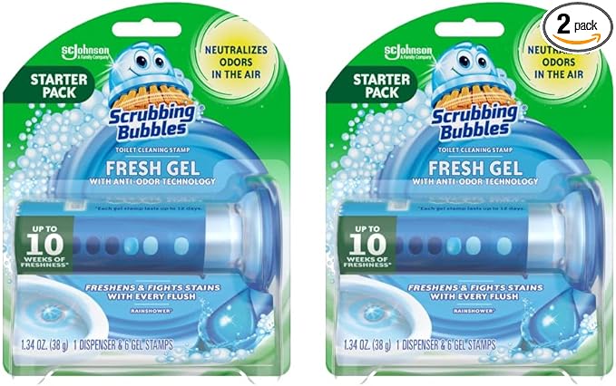 Scrubbing Bubbles Fresh Gel Toilet Bowl Cleaning Stamps, Helps Keep Toilet Clean and Helps Prevent Limescale & Rings, Rainshower Scent, 1 Dispenser with 6 Fresh Gel Stamps (Pack of 2)
