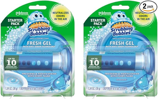Scrubbing Bubbles Fresh Gel Toilet Bowl Cleaning Stamps, Helps Keep Toilet Clean and Helps Prevent Limescale & Rings, Rainshower Scent, 1 Dispenser with 6 Fresh Gel Stamps (Pack of 2)