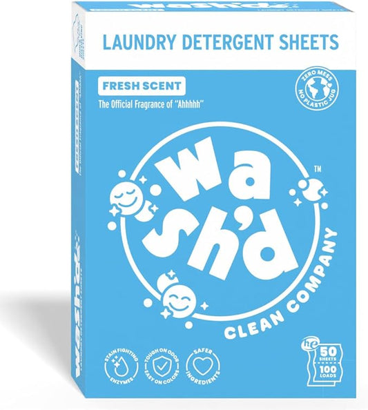 Wash'd Laundry Detergent Sheets - 100 Loads - Non Toxic Stain Fighting Enzymes - Plastic Free Travel Friendly Drawer Box - Fresh Scent