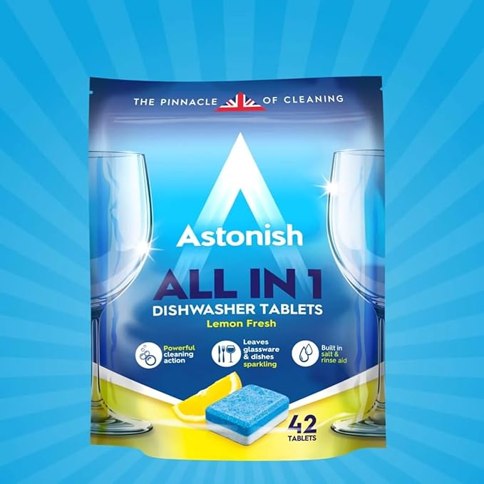 Astonish All In 1 Dishwasher Tablets - Household Cleaner Removes Grease, Grime, & Surface Stains - Dishwasher Soap with Salt & Rinse Aid, Cruelty Free Dishwasher Detergent, Lemon Fresh, 42 Pack