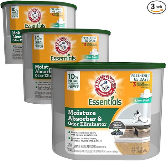 Arm & Hammer Essentials Disposable Moisture Absorber and Odor Eliminator Tub, Linen Fresh, 1 lb., 3-Pack, Attracts and Traps Excess Moisture, Ideal Closet Non-Electric Dehumidifier