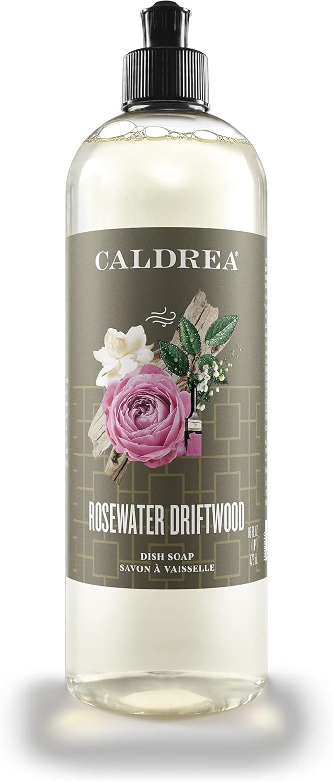 Caldrea Dish Soap, Biodegradable Dishwashing Liquid Made with Soap Bark and Aloe Vera, Rosewater Driftwood Scent, 16 oz