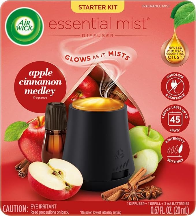 Air Wick Essential Mist Starter Kit (Diffuser + Refill), Apple Cinnamon, Fall scent, Fall spray, Essential Oils Diffuser, Air Freshener