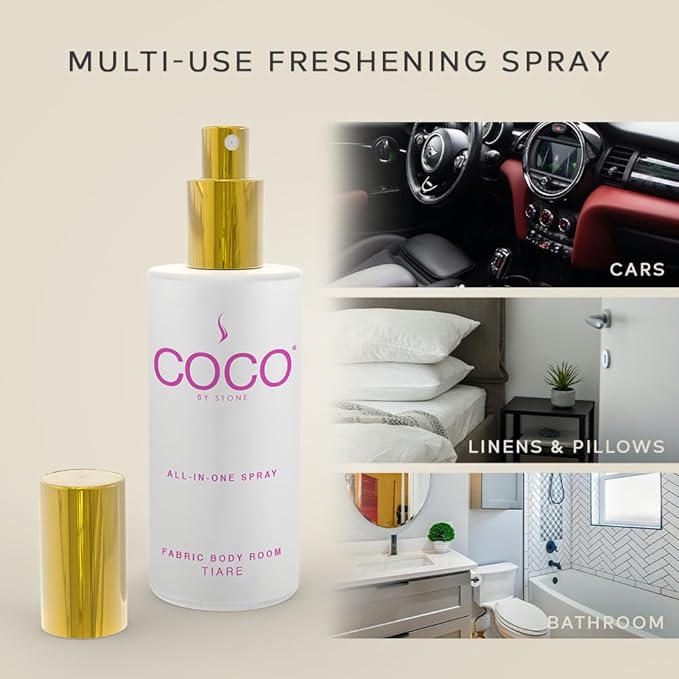 COCO by Stone 5oz All-in-One Spray (Tiare) Shake & Spray Formula for Fabric, Pillows, Interiors, Clothing, Home Fragrance Accessories, Room Perfume, Room Deodorizer, Vegan & Cruelty-Free