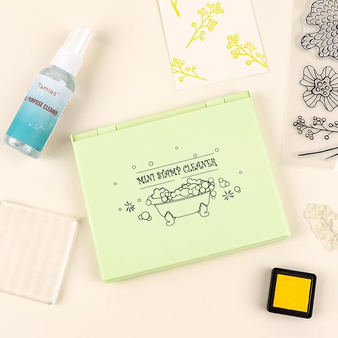 Briartw Stamp Cleaning Kit:Yellow Stamp Scrubber & All-Purpose Stamp Cleaner Spray | Dual-Sided Cleaning Pad for Rubber, Clear, Cling & Foam Stamps | Complete Care for Water-Based & Permanent Inks