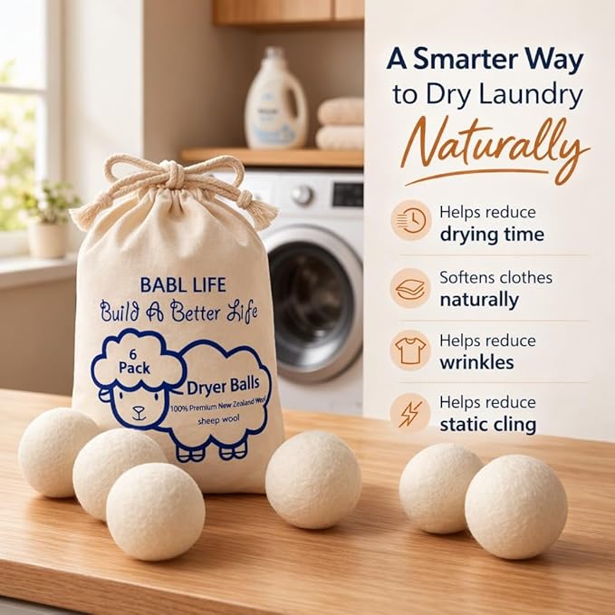 Wool Dryer Balls 6 Pack, 2.6 Inch, 100% New Zealand Wool, Reusable Natural Fabric Softener for Everyday Laundry, Helps Reduce Drying Time, Wrinkles and Static Cling