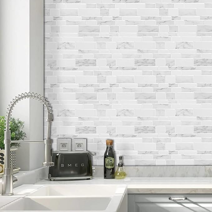 Marble Peel and Stick Backsplash for Kitchen, Thicker Design Self Adhesive Wall Tiles Stick on Backsplash, Marble Look Decorative Tiles (10 Tiles, 12”× 12”)