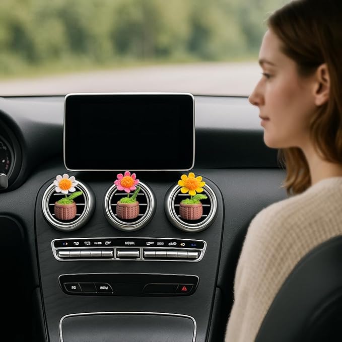 Cute Daisy Air Vent Decorations, Handmade Crochet Air Freshener Vent Clip, 3 Pack Vent Clips Accessories for Women Car Decor Gifts (Daisy, Tasteless)