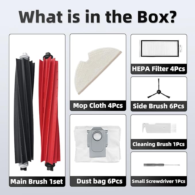 24Pcs Q5 MAX+ Accessories Kit Replacement Compatible with Roborock Q5 MAX+ /Q5 Pro+ /Q8 Max+ Robot Vacuum, 2 Main Brush, 4 Mop Cloth Pads, 6 Side Brushes, 4 HEPA Filters,6 Dust Bag, 1 Cleaning Tool