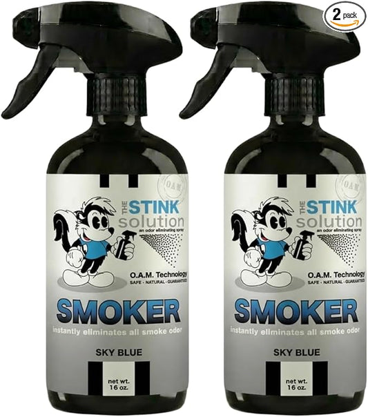 The Stink Solution Smoke Odor Eliminator Spray - Completely Remove Smoke Smell From House, Car, Clothes, Hands, Hair, & More - Best Odor Eliminator For Smoke - Sky Blue Fragrance - 2 16 oz Bottles