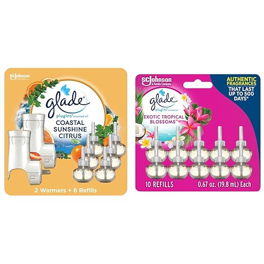 Glade PlugIns Refills Air Freshener Starter Kit with Warmers and Refills (Coastal Sunshine Citrus, Exotic Tropical Blossoms)