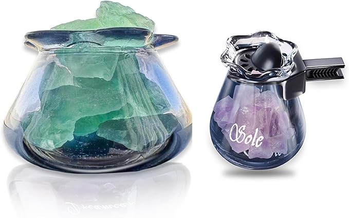 Car Diffuser Glass Bottles with Crystals Natural Stone for Spreading Essential Oils,Blue Lotus Design Glass jar as air freshener Vent Clip,car Vent Decor Accessories (Green + Purple)