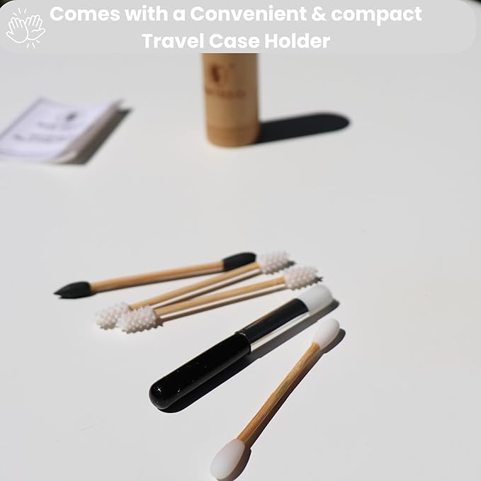 Bamboo Reusable qtip Ear Swab and Makeup Swabs Kit. 1 Case with 4 Reusable Silicone Bamboo Swabs for Ears, Baby, Beauty