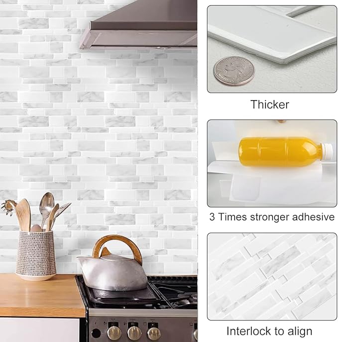 Marble Peel and Stick Backsplash for Kitchen, Thicker Design Self Adhesive Wall Tiles Stick on Backsplash, Marble Look Decorative Tiles (10 Tiles, 12”× 12”)