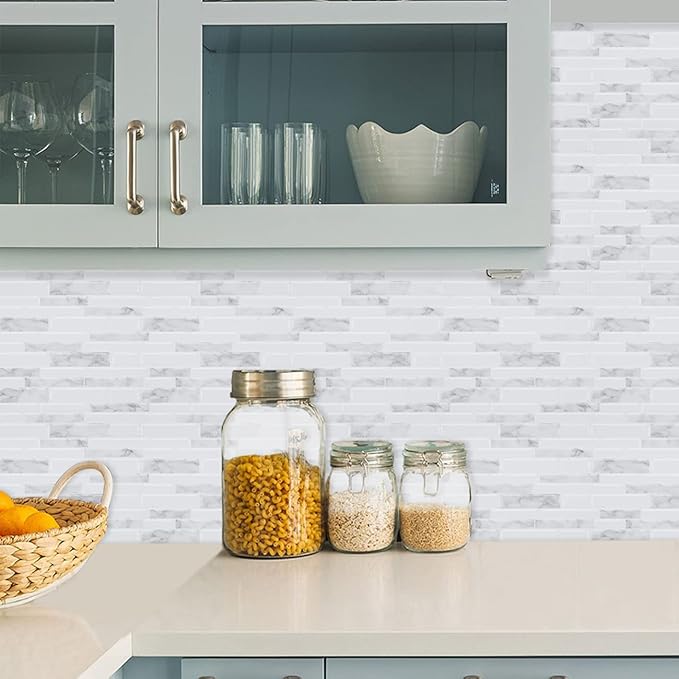 Marble Peel and Stick Backsplash, 10-Sheet Premium 3D Self Adhesive Tiles for Kitchen Stick on Backsplash, Marble Look Decorative Tiles