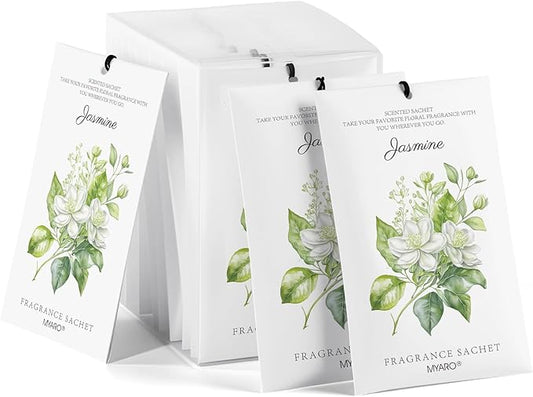 MYARO 12 Pack Jasmine Scented Sachets for Drawer, Closet & Small Spaces Air Freshener Bags, Odor Eliminator for Car, Shoes, Bathroom Home Fragrance Gift Set