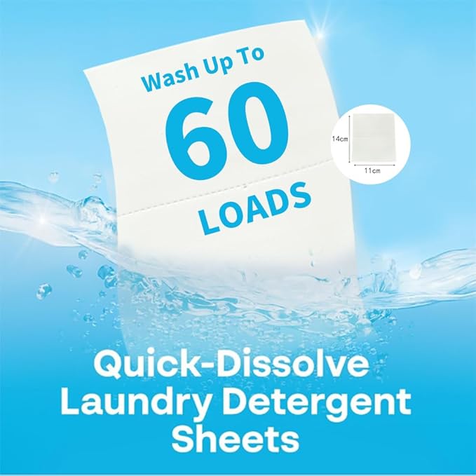 Eco-Friendly Laundry Detergent Sheets - 60 Loads Eco Liquidless Soap - Travel-Friendly for Hot & Cold Cycles, Tackles Tough Stains & Odors - Gentle on Sensitive Skin-Easy To Use (Fresh Scent)