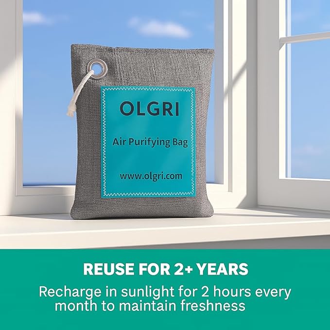 Charcoal Air Purifier Bags by OLGRI – Natural Odor Absorber for Cars, Bathrooms, Closets, Shoes & Pets – 4-Pack Bamboo Deodorizer with Activated Charcoal