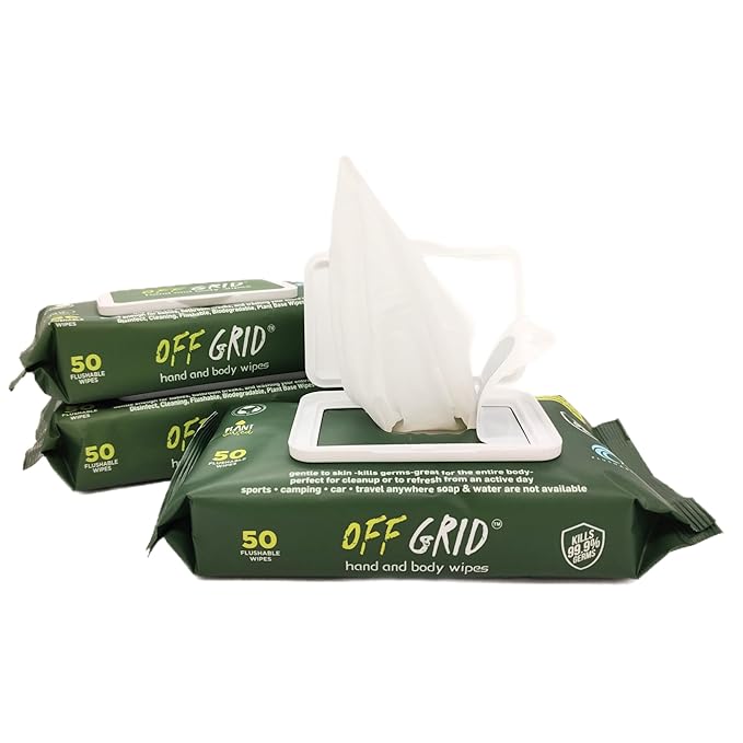 OFF GRID Hand and Body Wipes | Trusted Wipe of the US Military | Alcohol-Free Wipes | Plant-Based Wipes for Camping, Hiking, & More | Travel-Friendly & Flushable | 3 Pack