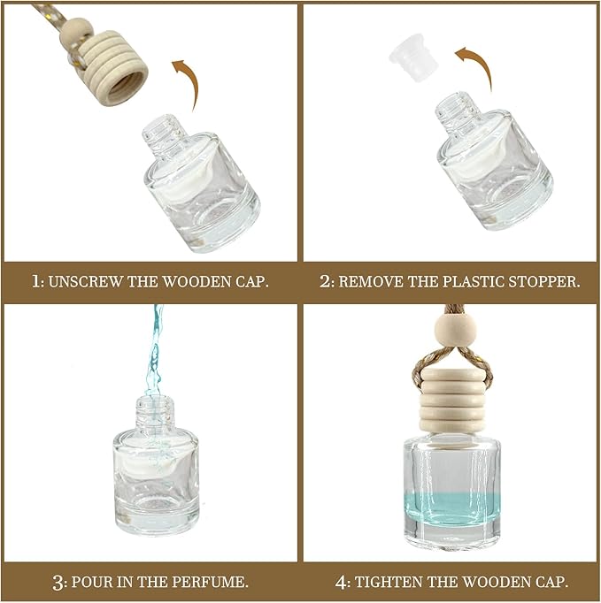 4Pcs Hanging Car Air Freshener, Empty Glass Perfume Bottle Pendant with Wooden Cap, Refillable Drift Freshener Diffuser for Essential Oils - Car Accessories for Women Men-Cylindrical