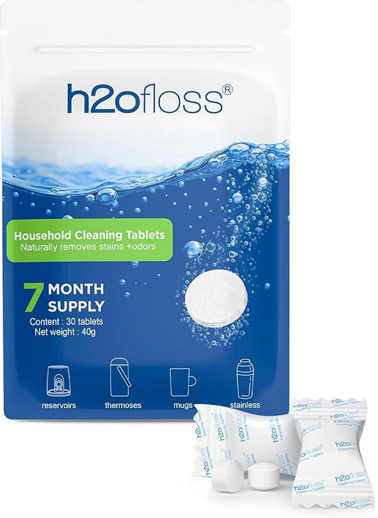 H2ofloss Water Tank & Household Cleaning Tablets – Deep Cleans & Freshens Water Flosser Reservoirs, Kettles & Bottles │ Naturally Removes Limescale, Stains & Odors │ 30 Individually Wrapped Tablets