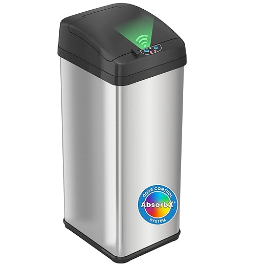 iTouchless 13 Gallon Sensor Kitchen Trash Can with Lid and Odor Filter, Stainless Steel Trashcan Extra-Wide Lid Opening Slim Garbage Bin for Home Office Work Bedroom Living Room Garage Large Capacity