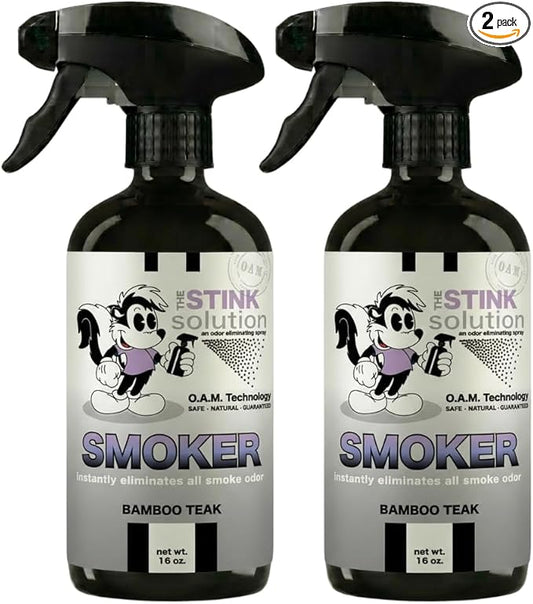 The Stink Solution Smoke Odor Eliminator Spray - Completely Remove Smoke Smell From House, Car, Clothes, Hands, Hair, & More - Best Odor Eliminator For Smoke - Bamboo Teak Fragrance - 2 16 oz Bottles