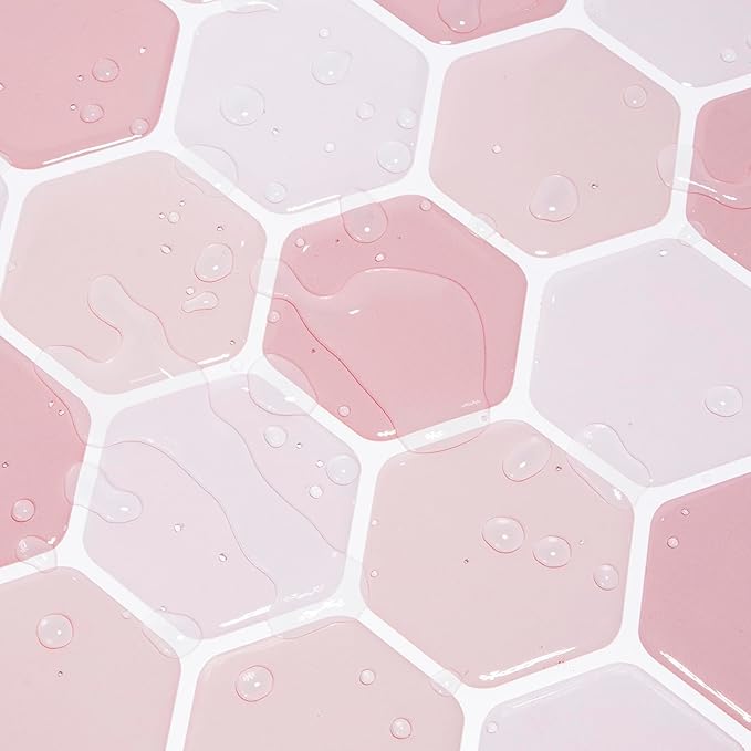 Hexagon Tiles Peel and Stick Backsplash for Kitchen, 10-Sheet Stick on Tiles Kitchen Backsplash, Pink 3D Peel and Stick Wall Tile（12''×12''）