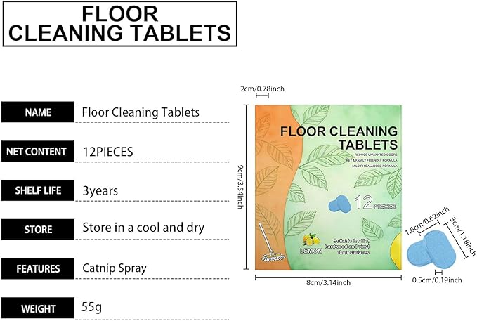 Floor Cleaner Tablets - 12 Pieces Effective Mild Sheets Solution, Floor Stain Removal Agent with Instant-Dissolve Technology, Deep-Action Degreaser, Fresh Botanical Scent for Tiles and Marble