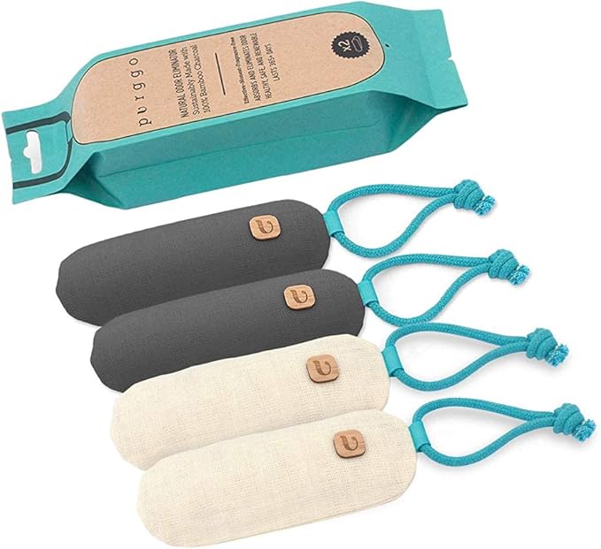 Bamboo Charcoal Shoe Deodorizer Air Purifying Bag Bundle [2 Gray + 2 Beige] - Natural Odor Eliminator - Last 365+ Days - No Chemicals - Air Freshener for Shoes, Closet, Gym Bag, Fridge and Car