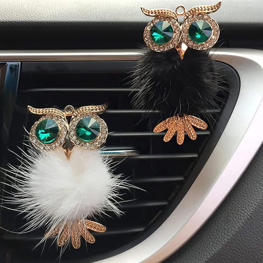 Riloer Bling Crystal Owl Car Air Vent Clip Charms, 2 Pcs Natural Car Vent Clip Air Freshener, Fashion Charms Car Essential Oil Diffuser, Car Accessories for Women (Black and White)