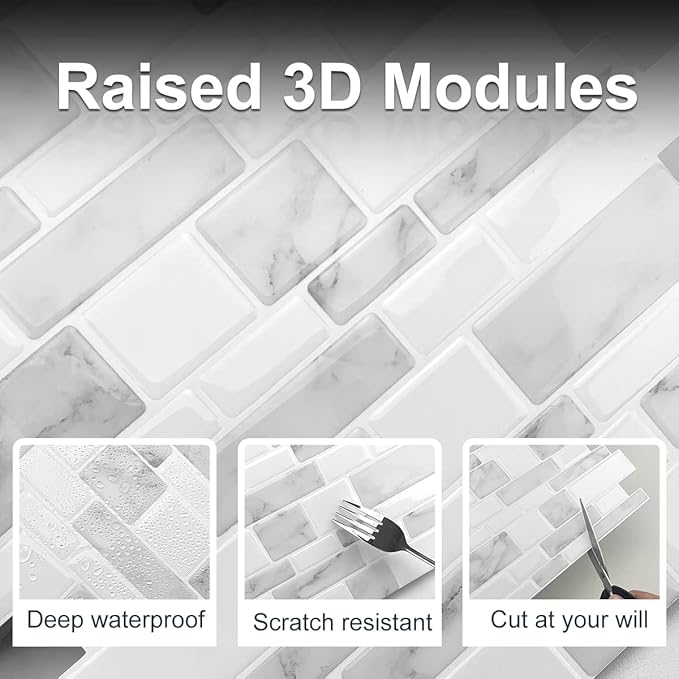 Marble Peel and Stick Backsplash for Kitchen, Thicker Design Self Adhesive Wall Tiles Stick on Backsplash, Marble Look Decorative Tiles (10 Tiles, 12”× 12”)