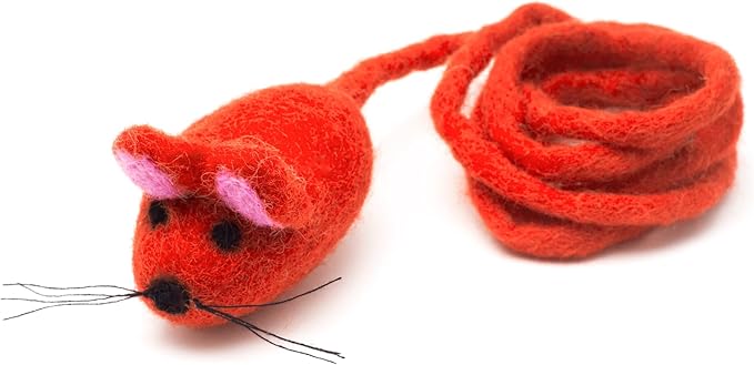 Glaciart One Felt Mouse Cat Toy – Soft Fuzzy Enrichment 100% Natural Wool - Interactive Catnip Play Cat Toy Set - Safe for Pets, Non-AZO Colored Dyes - 42” Long