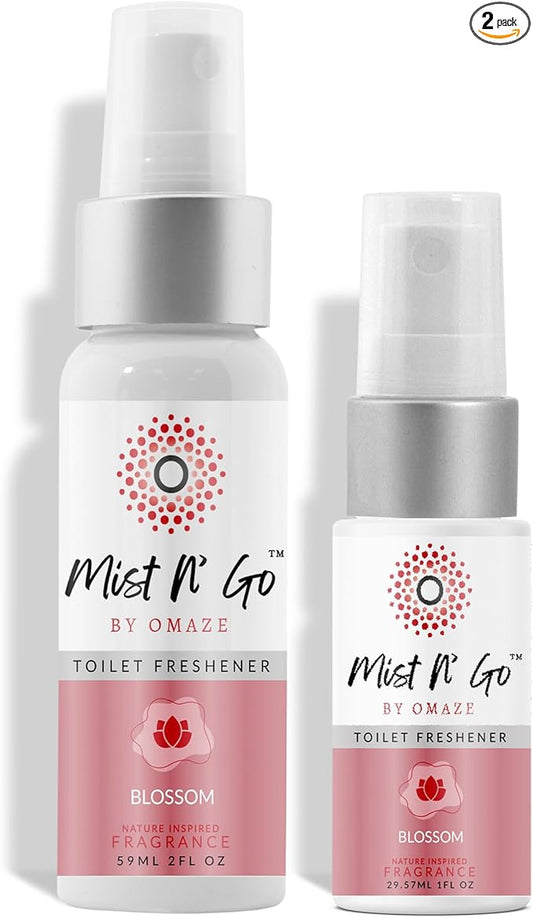 Mist N' Go by Omaze Travel Toilet Spray Odor Eliminator - Freshens Bathroom Air & Deodorizes - Blossom Daily Pack (2oz + 1oz)