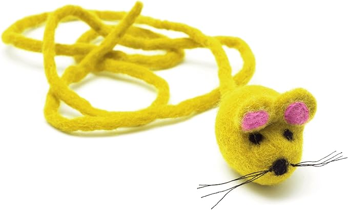 Glaciart One Felt Mouse Cat Toy – Soft Fuzzy Enrichment 100% Natural Wool - Interactive Catnip Play Cat Toy Set - Safe for Pets, Non-AZO Colored Dyes - 42” Long