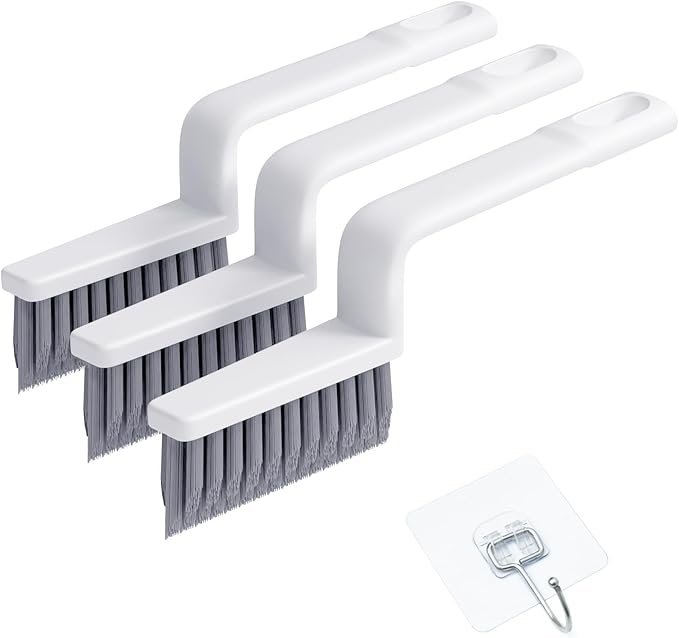 V-Shaped Grout Cleaner Brush, 3 Pcs Grout Brushes for Tile Floor, Handheld Grout Cleaning Brushes Set with 3 Hooks for Shower, Bathroom, Kitchen, Home Use, Stiff Bristle