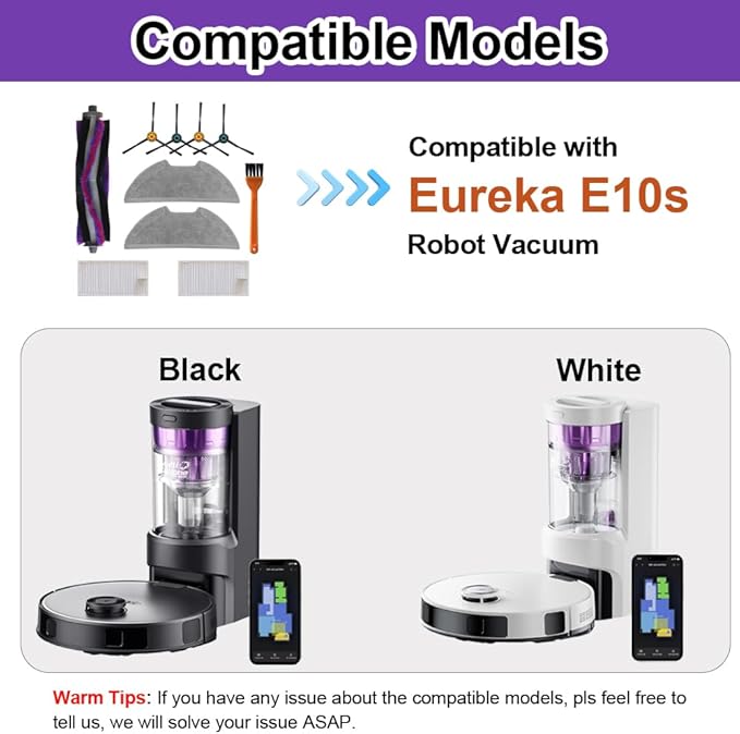 E10s Replacement Parts Accessories Compatible with Eureka E10s Robot Vacuum Cleaner, Including 1 Main Brush, 2 Hepa Filters, 2 Mop Pads, 4 Edge-Sweeping Brushes (9Pc)