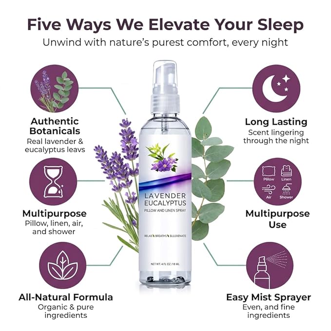 Lavender Eucalyptus Pillow and Linen Spray, Home Essential Oil Mist to Relax The Body & Mind, Natural Aromatherapy Sleep Spray, Calming Formula (Lavender Eucalyptus, 4oz)