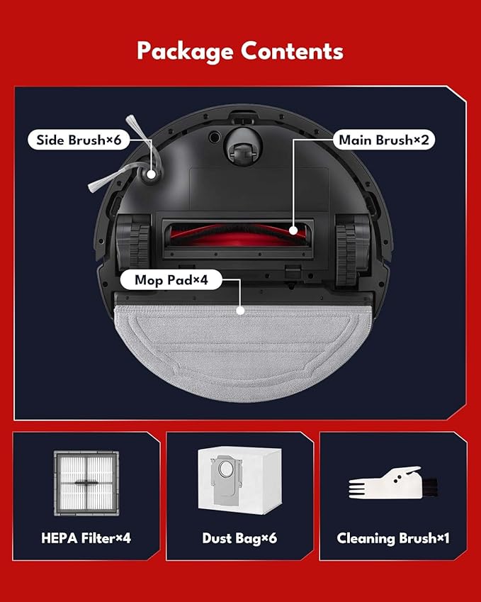 24 Pcs Accessories Kit for Roborock Q10 S5+ Robot Vacuum Cleaner, Replacement Parts with 2 Main Brush, 6 Side Brushes, 4 HEPA Filters, 6 Dust Bags, 4 Mop Pads, 1 Cleaning Brush