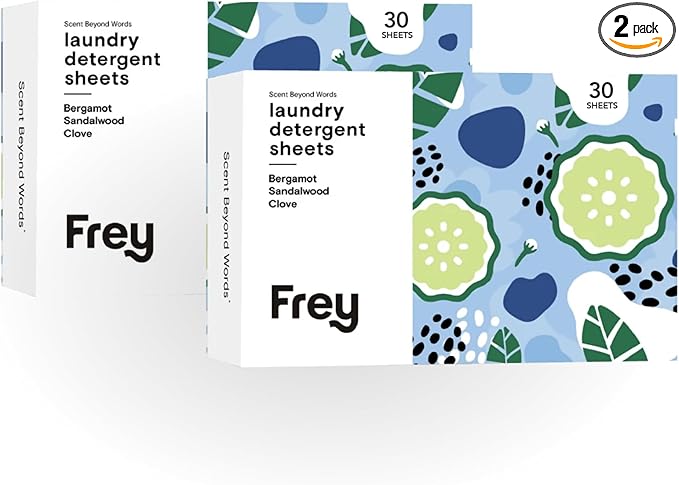 FREY Laundry Detergent Sheets – Bergamot Beach Scent | Plant-Derived | 60 Sheets (Pack of 2)