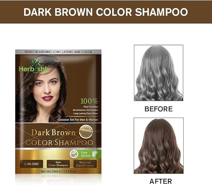 Herbishh Hair Color Shampoo for Gray Hair Dark Brown + Hair Color Stain Remover Wipes - Travel Pack With 5 Wipes