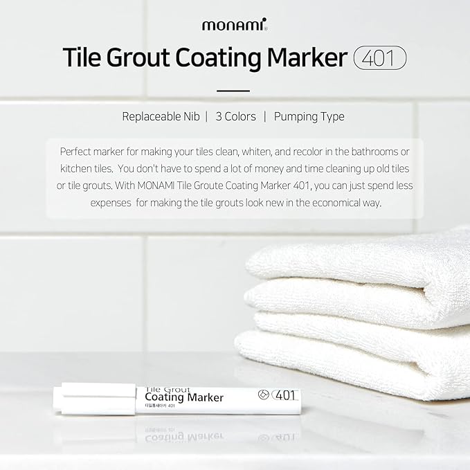MONAMI Tile Grout Coating Marker 401, Chisel Tip (1.5~4mm), Repair Marker with Replaceable Nib Tips to Restore Grout Lines, Beige, 1 Marker + 2 Extra Tips