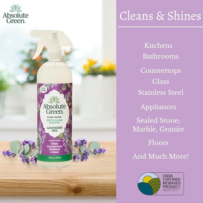 Absolute Green All Purpose Cleaner Spray, Non-Toxic, Kitchen, Bath, Countertop, Stainless, Safe around Kids + Pets, Natural Lavender Spa Scent, 25 oz (2 Pack)