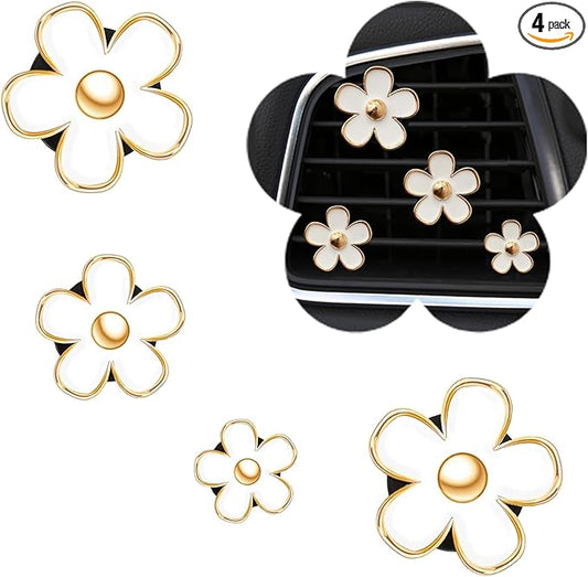 Daisy Flower Car Air Freshener Vent Clips, 4 Pcs Cute Car Accessories for Women Interior, Girly Decor Essentials, Truck Accessories, for Bathroom Office Pet Houses (White, 3.1cm 2.9cm 2.2cm 1.6cm)
