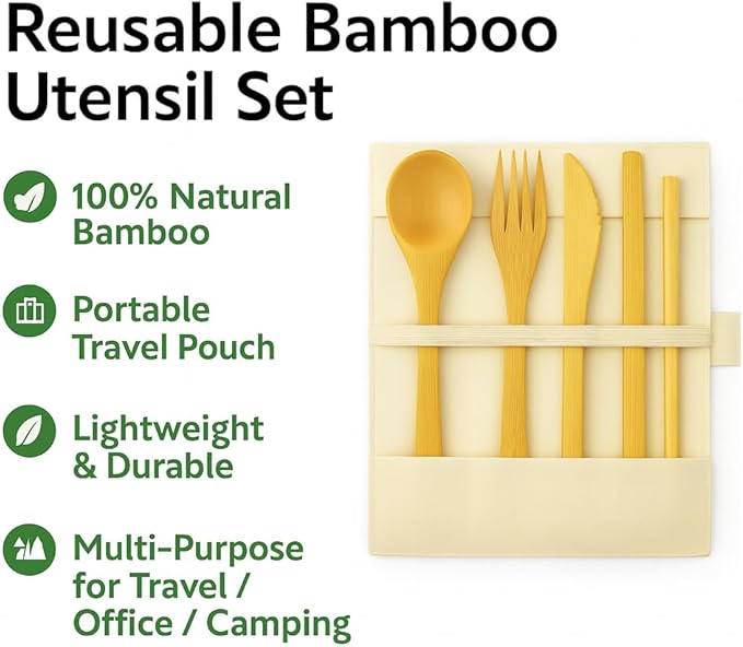 Bamboo Utensil Set with Case – Reusable Travel Cutlery & Portable Flatware Kit with Wooden Fork, Spoon, Knife, Chopsticks, Straw – Zero Waste Lunch Box Essentials for Work, Camping, Picnic