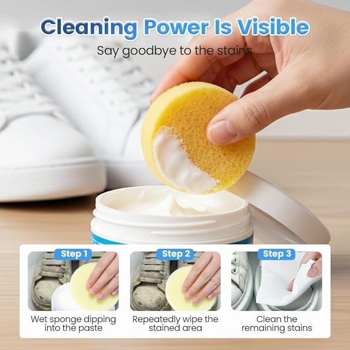 White Shoe Cleaner Cream,No Rinse Quick Brightening Paste with Sponge for Leather Sneakers Soles Removes Dirt