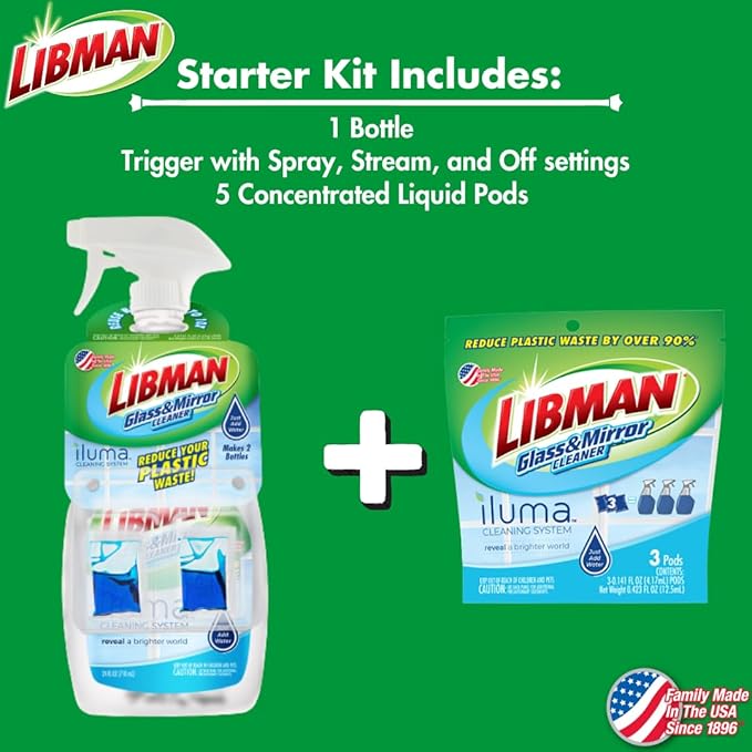 Libman Iluma Glass & Mirror Cleaner | Household Cleaning Products | Cleaning Supplies | Refillable Bottle | Glass Cleaner Spray | 24 fl oz Window Cleaner | 5 Total Concentrated Dissolvable Pods
