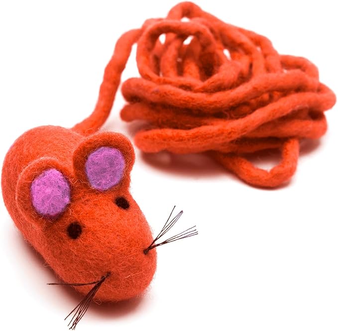 Glaciart One Felt Mouse Cat Toy – Soft Fuzzy Enrichment 100% Natural Wool - Interactive Catnip Play Cat Toy Set - Safe for Pets, Non-AZO Colored Dyes - 100” Long