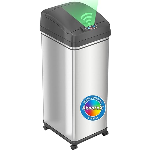 iTouchless Rolling 13 Gallon Sensor Kitchen Trash Can with Lid and Wheels Odor Filter Stainless Steel Automatic Kitchen Garbage Bin Trashcan for Home Office Bedroom Living Room Garage Wastebasket